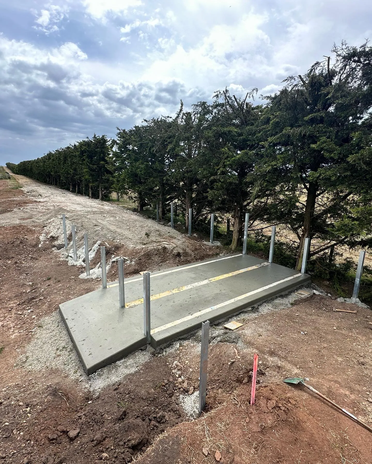 Cast-in-place raw concrete bench in a eucalypt forest with the BMT truck softly framed behind
