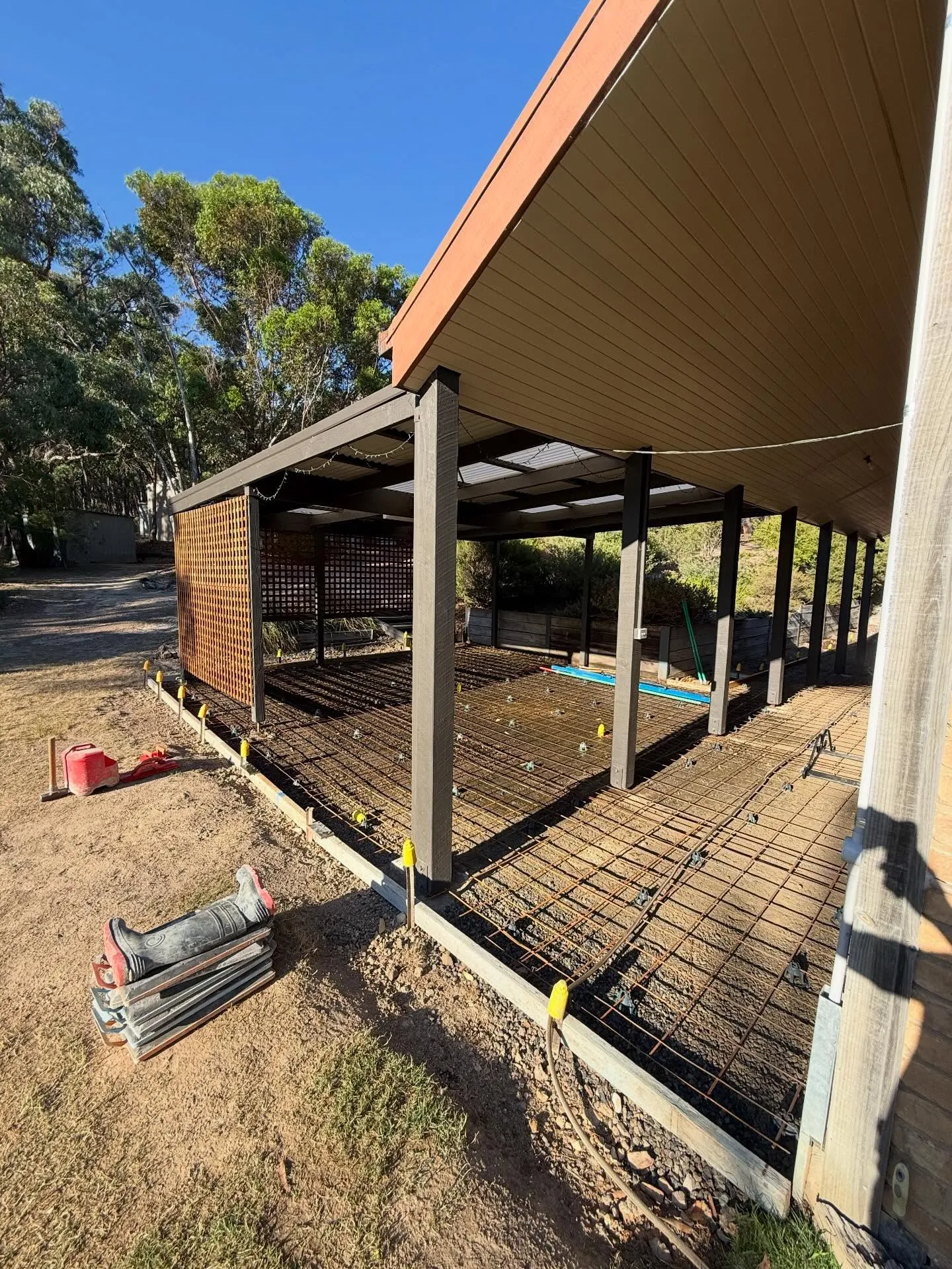 Pool-side concrete deck being formed up on a sloping rural block, low sun in the trees